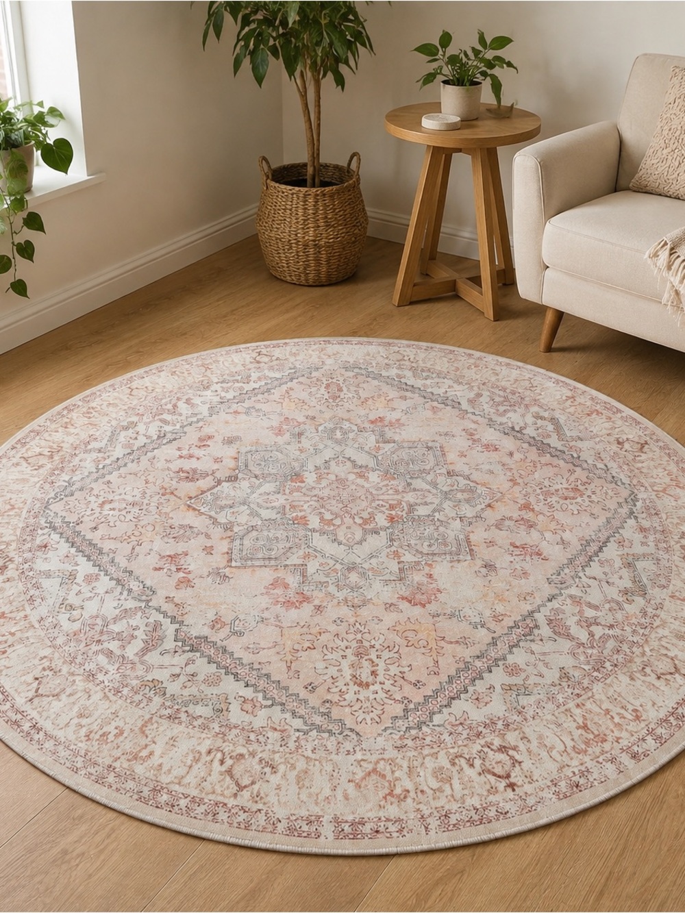 Round Vintage-Inspired Medallion Area Rug in Blush and Cream